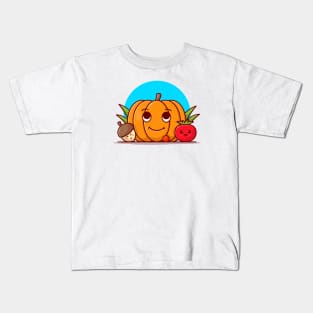 Happy Cute Pumpkin with Cute Acorn and Tomato Cartoon Vector Icon Illustration Kids T-Shirt